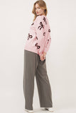 Light Pink Bow Pattern Knitted Loose Fit Sweater