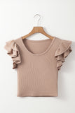 Smoke Gray Ribbed Knit Ruffled Shoulder Slim Fit Tank Top