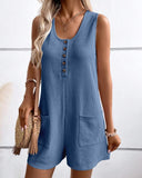 Scoop Neck Sleeveless Button Front Romper Casual Pocket Design Loose Fit Knit Jumpsuit