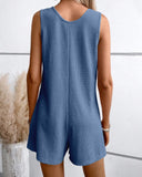 Scoop Neck Sleeveless Button Front Romper Casual Pocket Design Loose Fit Knit Jumpsuit