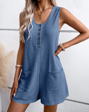 Scoop Neck Sleeveless Button Front Romper Casual Pocket Design Loose Fit Knit Jumpsuit