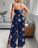 Graphic Print Halter Backless Side Slit Shirred Wide Leg Jumpsuit Vacation Overalls