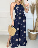 Graphic Print Halter Backless Side Slit Shirred Wide Leg Jumpsuit Vacation Overalls
