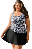 Black Plus Size Printed Square Neck Drawstring Ruffled Tankini Set