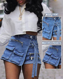 Multi Pocket Zipper Design Wrap Front Asymmetrical Hem Denim Shorts