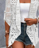 Open Front Floral Lace Embroidered Turn Up Sleeves Coat Casual Asymmetrical Hem Hoodie Cardigan
