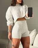 2 Piece Crewneck Long Sleeve Cable Knit Crop Sweater High Waist Shorts Tracksuits Outfits