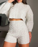 2 Piece Crewneck Long Sleeve Cable Knit Crop Sweater High Waist Shorts Tracksuits Outfits