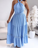 Contrast Lace Waist Hollow Out Maxi Dress Casual Halter Tied Detail Back Shirred Flared Dress