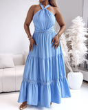 Contrast Lace Waist Hollow Out Maxi Dress Casual Halter Tied Detail Back Shirred Flared Dress