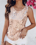 Glitter Sequin Round Neck Sleeveless Blouses Shirts Casual Sparkle Tank Top