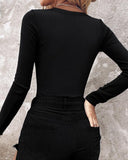Rhinestone Decor Keyhole Neck Hollow Water Drop Ribbed Top Long Sleeve Slim Fit Layering Top