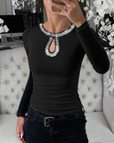 Rhinestone Decor Keyhole Neck Hollow Water Drop Ribbed Top Long Sleeve Slim Fit Layering Top