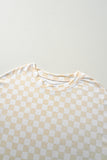 Beige Checkered Print Long Sleeve Top and Pants Lounge Set