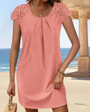 Contrast Lace Short Sleeve Ruched Mini Dress Casual Loose Fit Dress