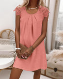 Contrast Lace Short Sleeve Ruched Mini Dress Casual Loose Fit Dress