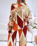2 Pieces Outfit Abstract Print Cold Shoulder Batwing Sleeve Top and Casual Wide Leg Pants Set