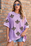 Orchid Petal Sequin Fleur De Lis Patched Exposed Seam Oversize Top