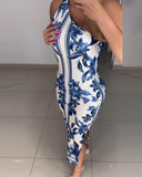 Floral Print One Shoulder Sleeveless Bodycon Dress Sexy Slim Fit Slit Midi Dress