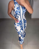 Floral Print One Shoulder Sleeveless Bodycon Dress Sexy Slim Fit Slit Midi Dress