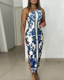 Floral Print One Shoulder Sleeveless Bodycon Dress Sexy Slim Fit Slit Midi Dress