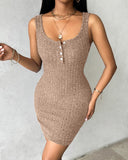 Pocket Design Ribbed Tank Dress Sleeveless Button Front Pullover Bodycon Mini Dresses
