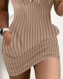 Pocket Design Ribbed Tank Dress Sleeveless Button Front Pullover Bodycon Mini Dresses