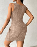 Pocket Design Ribbed Tank Dress Sleeveless Button Front Pullover Bodycon Mini Dresses
