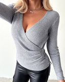 V Neck Ruched Side Button Decor Knit Sweater Slim Fit Pullover Top