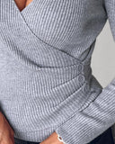 V Neck Ruched Side Button Decor Knit Sweater Slim Fit Pullover Top