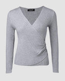 V Neck Ruched Side Button Decor Knit Sweater Slim Fit Pullover Top