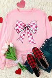 Pink Checkerboard Bow Graphic Round Neck Valentines Sweatshirt