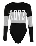 Letter Print Colorblock Long Sleeve Skinny Bodysuit