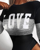 Letter Print Colorblock Long Sleeve Skinny Bodysuit