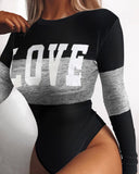 Letter Print Colorblock Long Sleeve Skinny Bodysuit