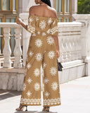 Floral Print Off the Shoulder Short Sleeve Shirred Jumpsuit Casual Waist Boho Romper