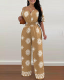 Floral Print Off the Shoulder Short Sleeve Shirred Jumpsuit Casual Waist Boho Romper