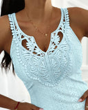 Contrast Lace V Neck Jacquard Knit Tank Casual Hollow Out Skinny Sleeveless Top