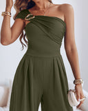 Cold Shoulder Ruched Buckle Wide Leg Jumpsuit