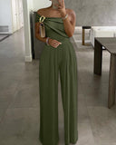 Cold Shoulder Ruched Buckle Wide Leg Jumpsuit