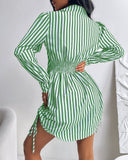 Striped Side Drawstring Buttoned Shirt Dress