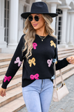 Black Valentine Bow Print Crew Neck Drop Shoulder Sweater