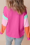 Rose Red Chenille Love Patched Colorblock Long Sleeve Crewneck Top