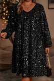 Color black Plus Size Bubble Sleeve V Neck Sequin Dress