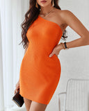 One Shoulder Plain Knit Bodycon Dress