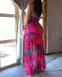 Tropical Floral Print Bandeau Maxi Dress Casual Sheer Mesh Patch Slit Dress