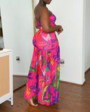 Tropical Floral Print Bandeau Maxi Dress Casual Sheer Mesh Patch Slit Dress