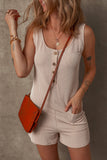 Parchment Corded Knit Side Pockets Buttoned Sleeveless Romper