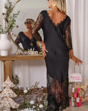 Contrast Lace V Neck Half Sleeve Satin Dress Sexy Slim Fit Maxi Dress