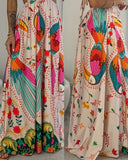 Tropical Floral and Toucan Print Hollow out Detail Halterneck Maxi Dress Vocation Dress